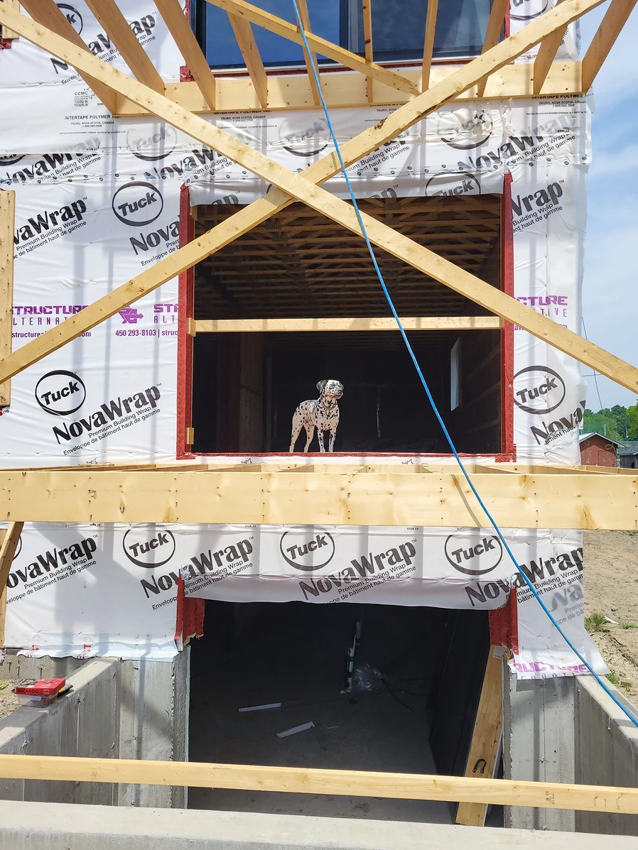 Ouverture de mur avec membrane pare-intempéries lors d'un agrandissement résidentiel